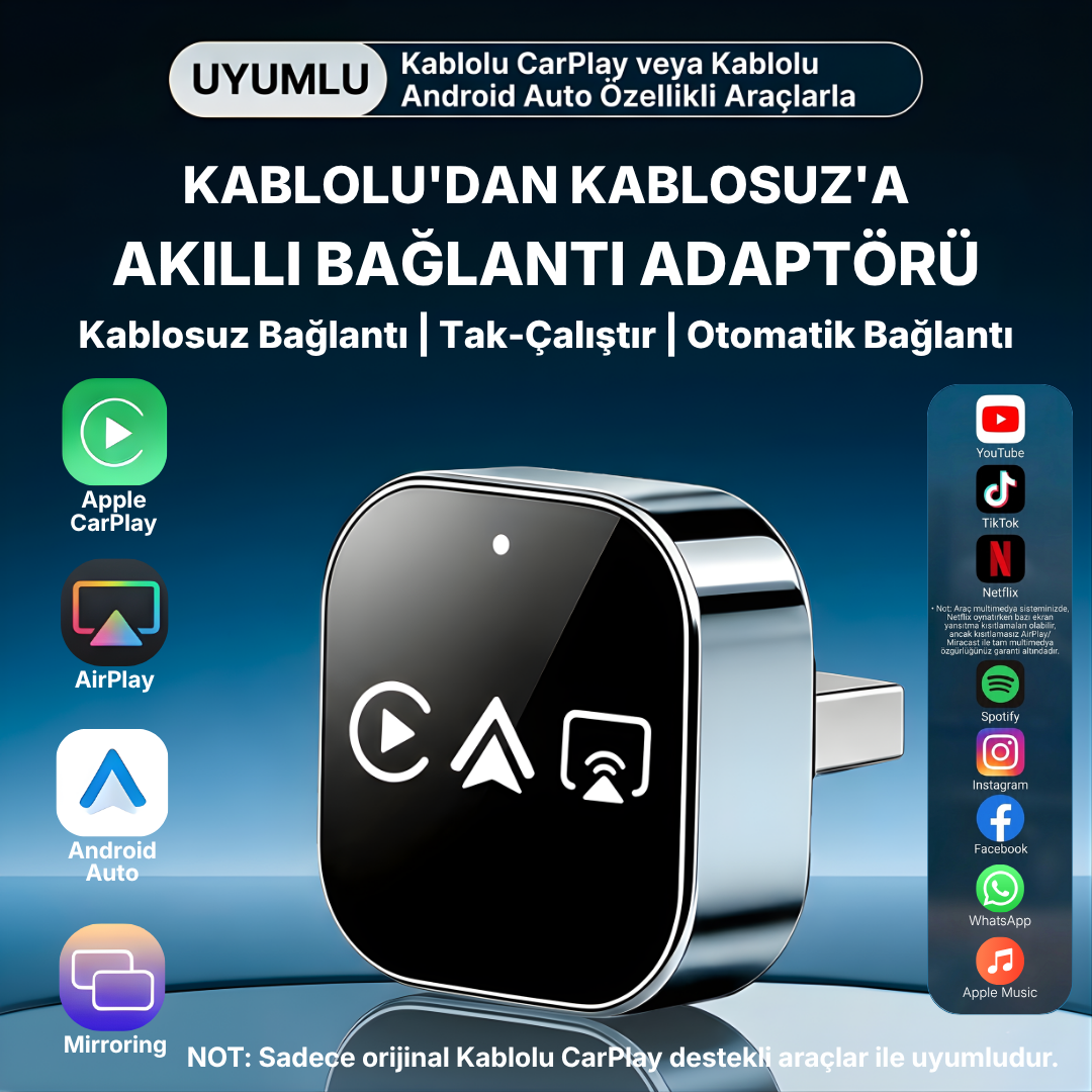 CarTechX™ 4’ü 1 Arada Ekran Yansıtmalı Kablosuz CarPlay&Android Auto Adaptörü