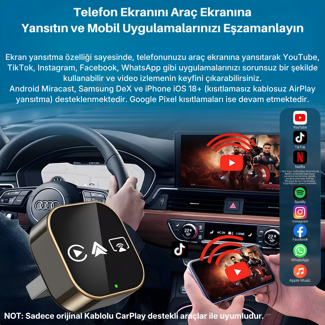 CarTechX™ 4’ü 1 Arada Ekran Yansıtmalı Kablosuz CarPlay&Android Auto Adaptörü