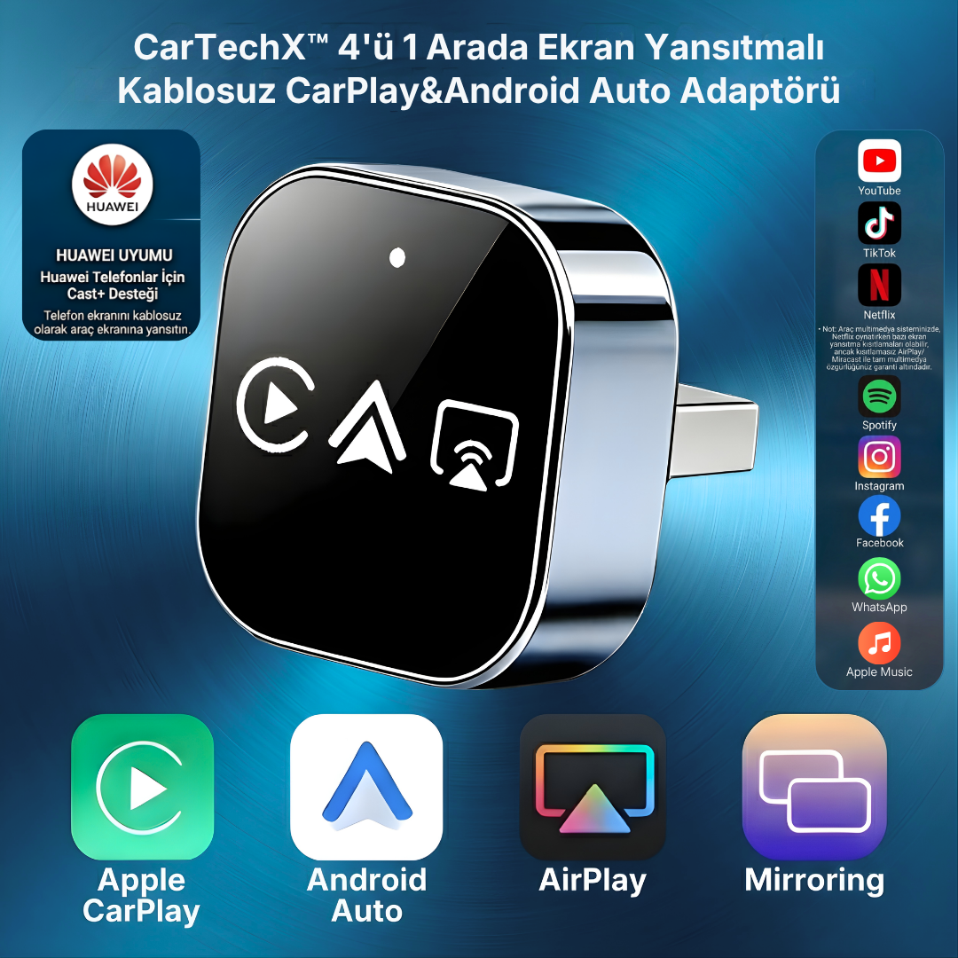 CarTechX™ 4’ü 1 Arada Ekran Yansıtmalı Kablosuz CarPlay&Android Auto Adaptörü