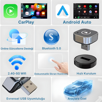 CarTechX™ 2'si 1 Arada Kablosuz CarPlay&Android Auto Adaptörü
