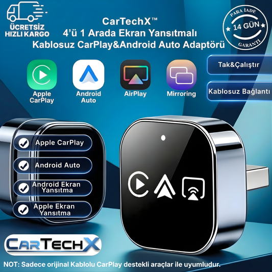 CarTechX™ 4’ü 1 Arada Ekran Yansıtmalı Kablosuz CarPlay&Android Auto Adaptörü
