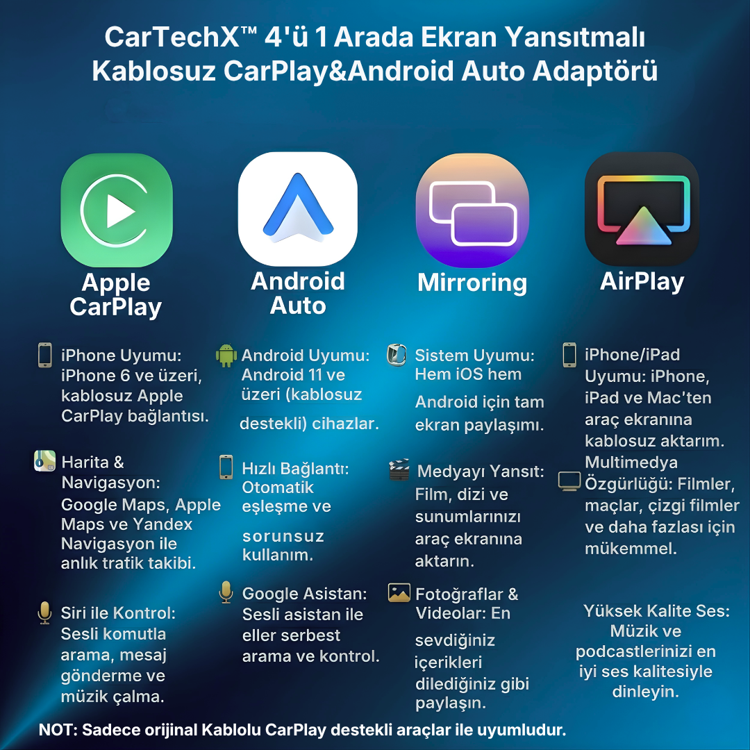 CarTechX™ 4’ü 1 Arada Ekran Yansıtmalı Kablosuz CarPlay&Android Auto Adaptörü