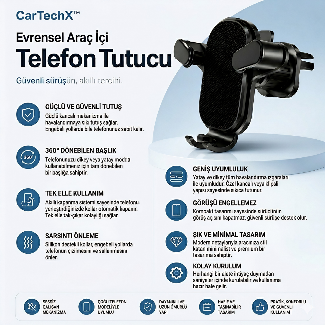 CarTechX™ Kancalı Araç İçi Telefon Tutucu