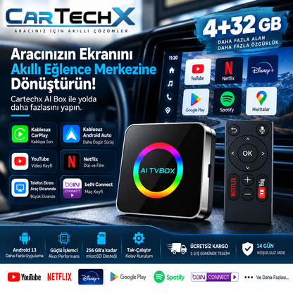Cartechx Kumandalı Akıllı TV Box | Kablosuz CarPlay & Android Auto | 4+32 GB