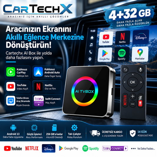 Cartechx Kumandalı Akıllı TV Box | Kablosuz CarPlay & Android Auto | 4+32 GB