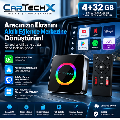 Cartechx Kumandalı Akıllı TV Box | Kablosuz CarPlay & Android Auto | 4+32 GB