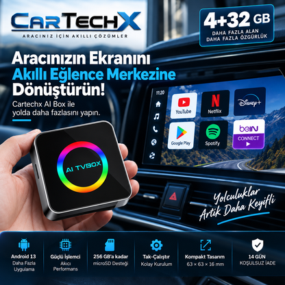 Cartechx Kumandalı Akıllı TV Box | Kablosuz CarPlay & Android Auto | 4+32 GB