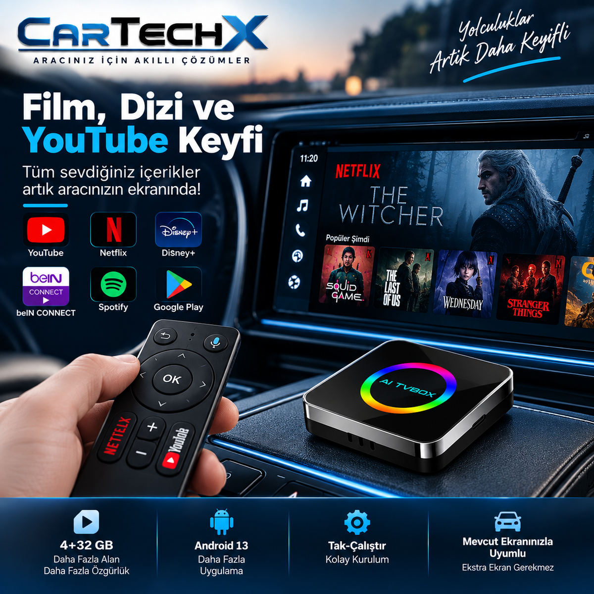 Cartechx Kumandalı Akıllı TV Box | Kablosuz CarPlay & Android Auto | 4+32 GB