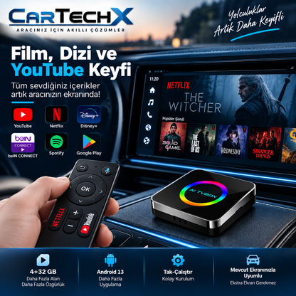 Cartechx Kumandalı Akıllı TV Box | Kablosuz CarPlay & Android Auto | 4+32 GB