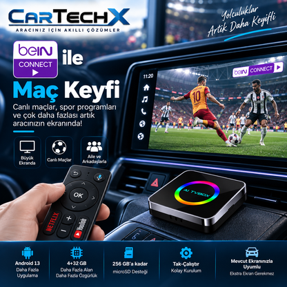Cartechx Kumandalı Akıllı TV Box | Kablosuz CarPlay & Android Auto | 4+32 GB