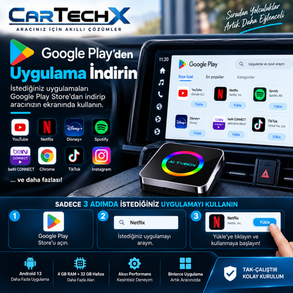 Cartechx Kumandalı Akıllı TV Box | Kablosuz CarPlay & Android Auto | 4+32 GB