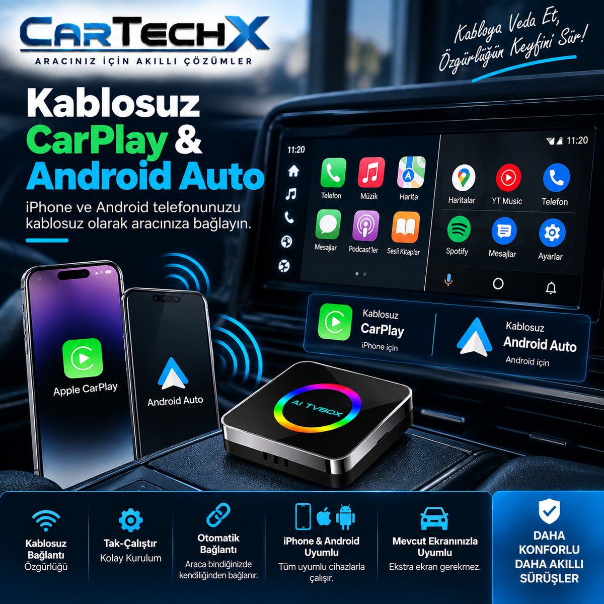 Cartechx Kumandalı Akıllı TV Box | Kablosuz CarPlay & Android Auto | 4+32 GB
