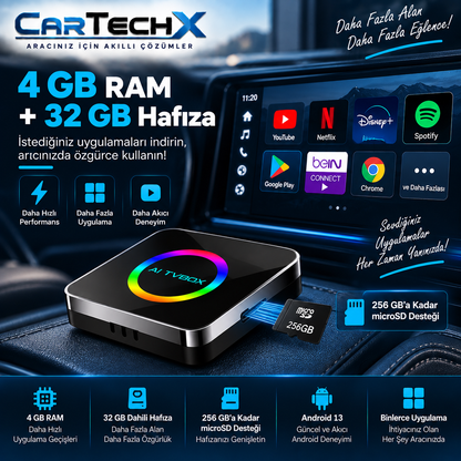 Cartechx Kumandalı Akıllı TV Box | Kablosuz CarPlay & Android Auto | 4+32 GB