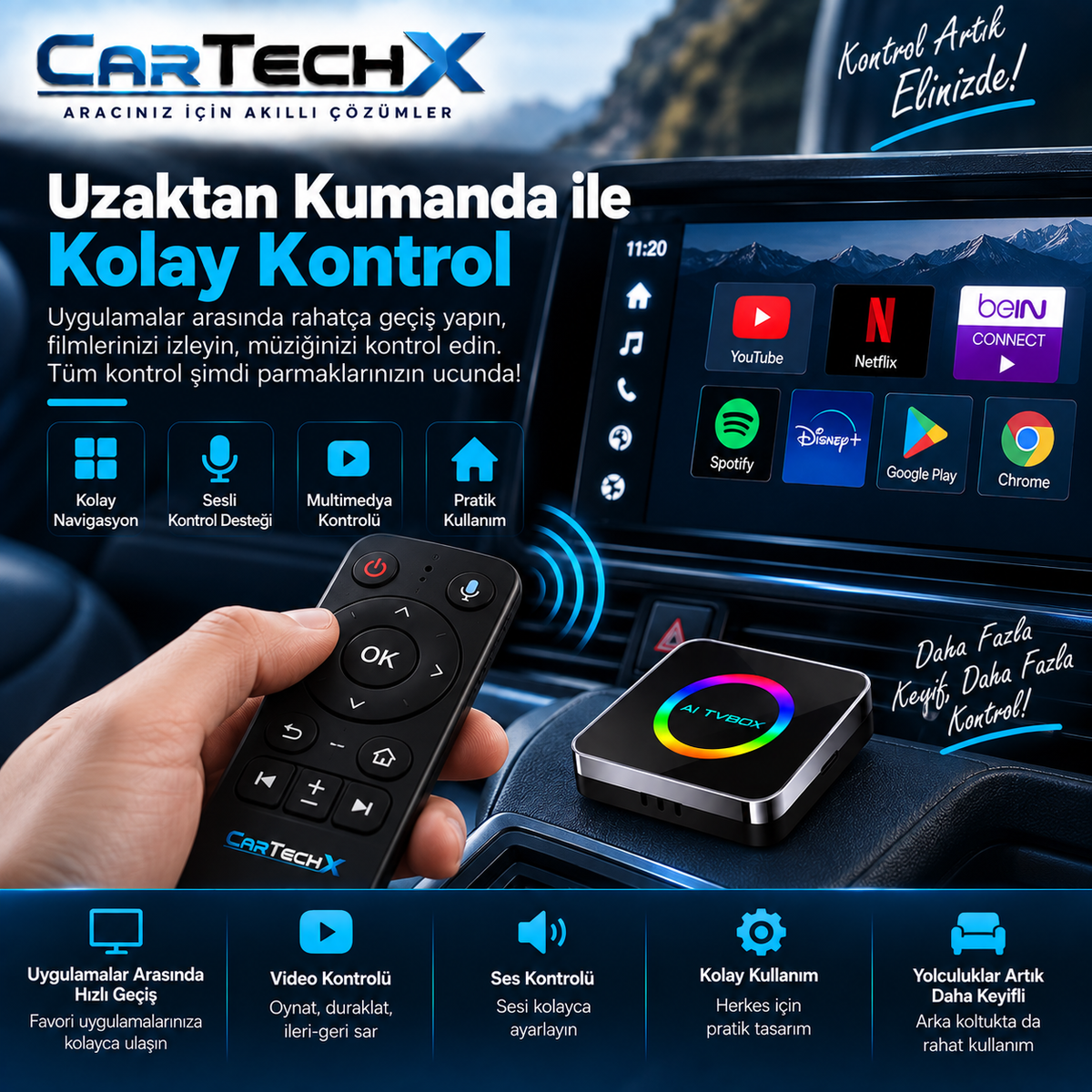 Cartechx Kumandalı Akıllı TV Box | Kablosuz CarPlay & Android Auto | 4+32 GB