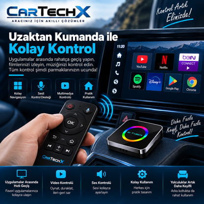 Cartechx Kumandalı Akıllı TV Box | Kablosuz CarPlay & Android Auto | 4+32 GB