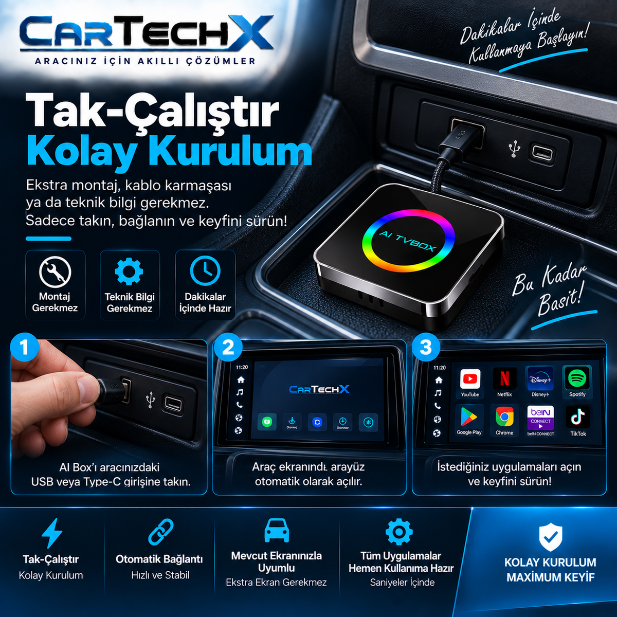 Cartechx Kumandalı Akıllı TV Box | Kablosuz CarPlay & Android Auto | 4+32 GB