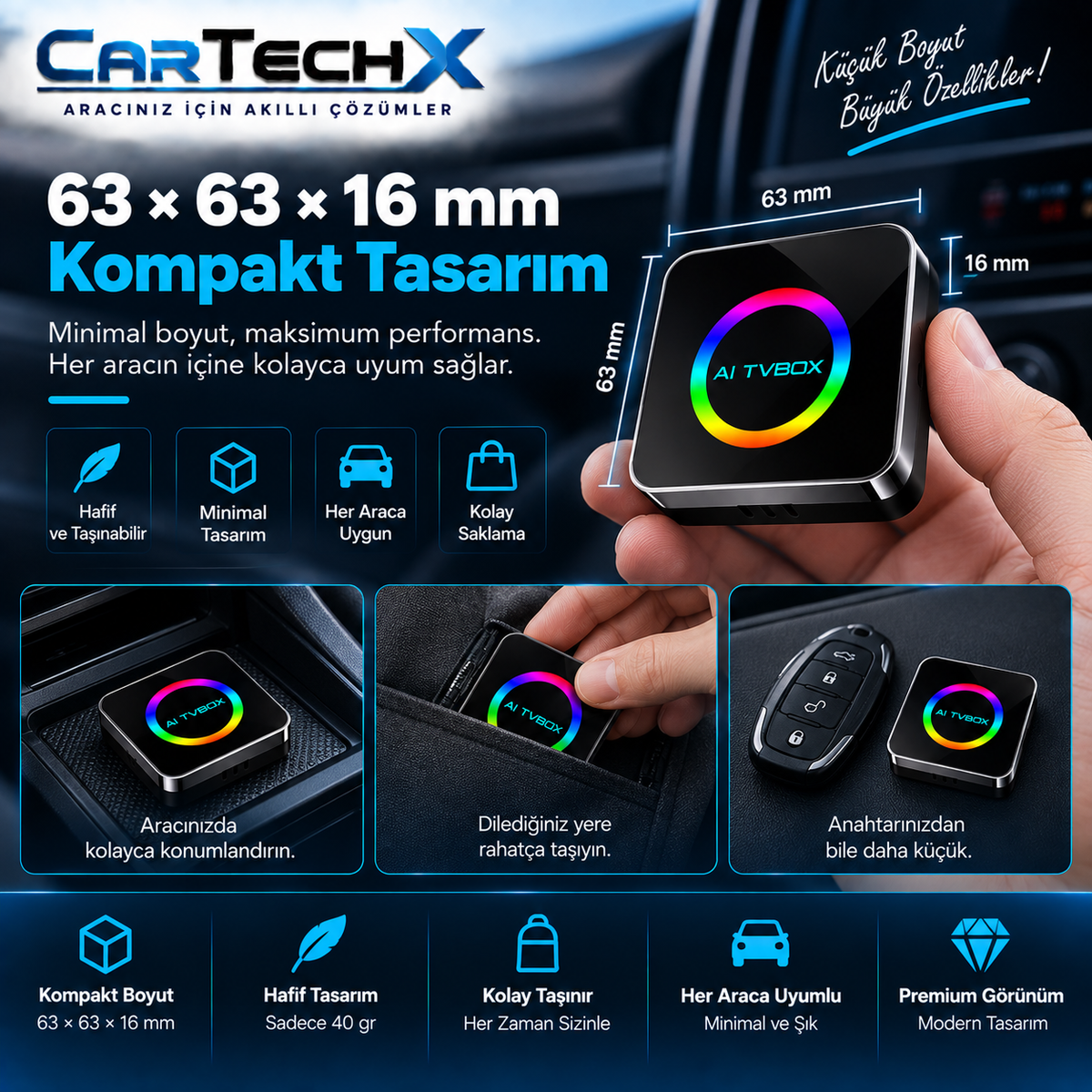 Cartechx Kumandalı Akıllı TV Box | Kablosuz CarPlay & Android Auto | 4+32 GB