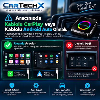 Cartechx Kumandalı Akıllı TV Box | Kablosuz CarPlay & Android Auto | 4+32 GB