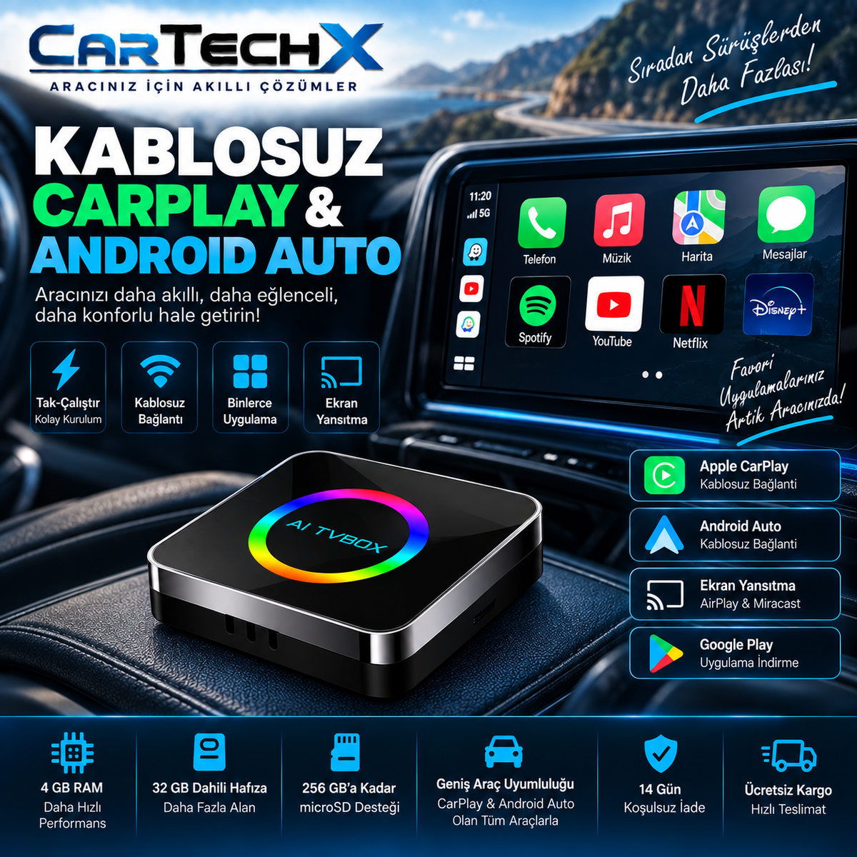 Cartechx Kumandalı Akıllı TV Box | Kablosuz CarPlay & Android Auto | 4+32 GB