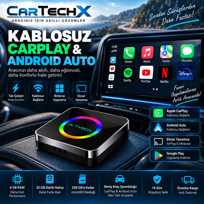 Cartechx Kumandalı Akıllı TV Box | Kablosuz CarPlay & Android Auto | 4+32 GB