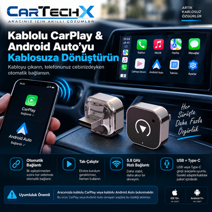 CarTechX™ 2'si 1 Arada Kablosuz CarPlay&Android Auto Adaptörü (Kablolu CarPlay'i Kablosuza Dönüştürür)