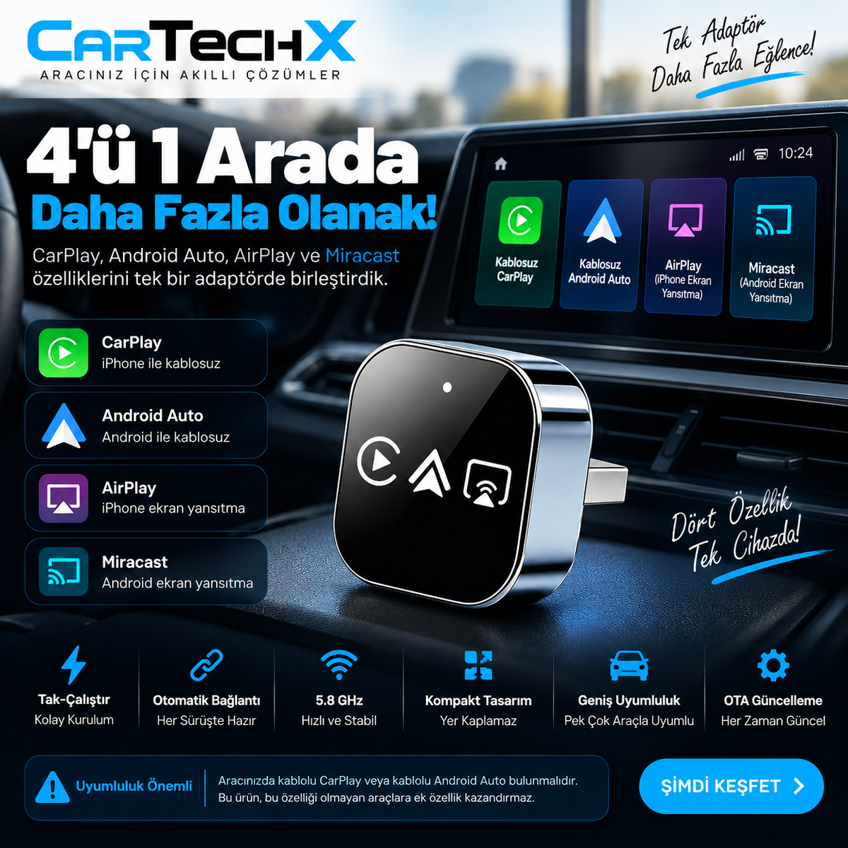 CarTechX™ 4’ü 1 Arada Ekran Yansıtmalı Kablosuz CarPlay&Android Auto Adaptörü