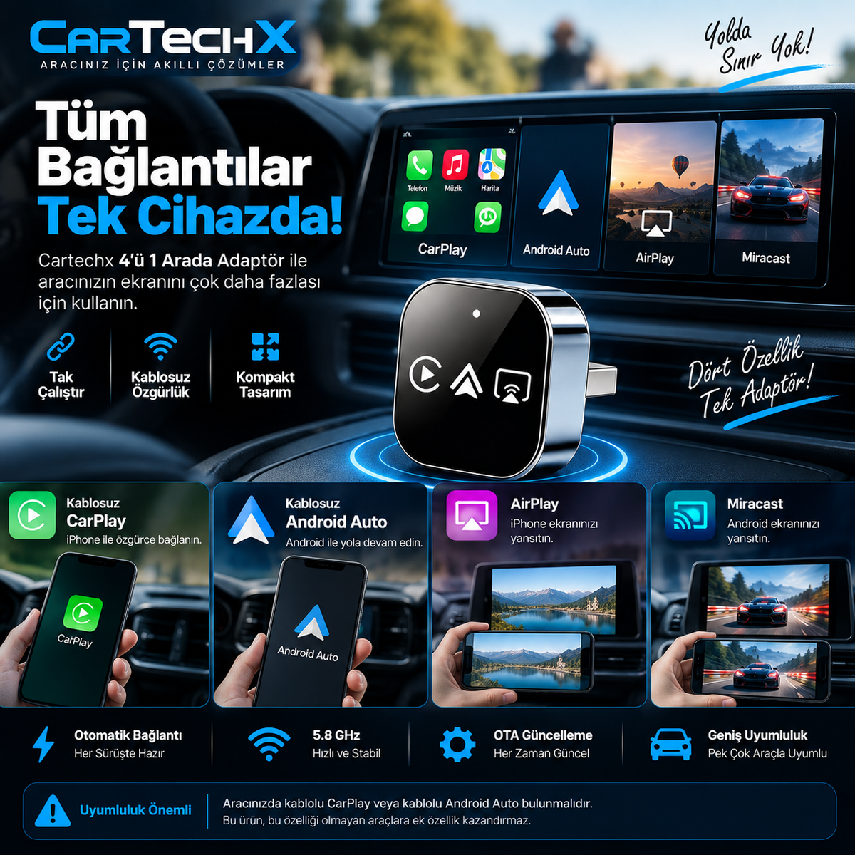 CarTechX™ 4’ü 1 Arada Ekran Yansıtmalı Kablosuz CarPlay&Android Auto Adaptörü