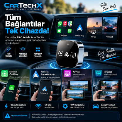 CarTechX™ 4’ü 1 Arada Ekran Yansıtmalı Kablosuz CarPlay&Android Auto Adaptörü