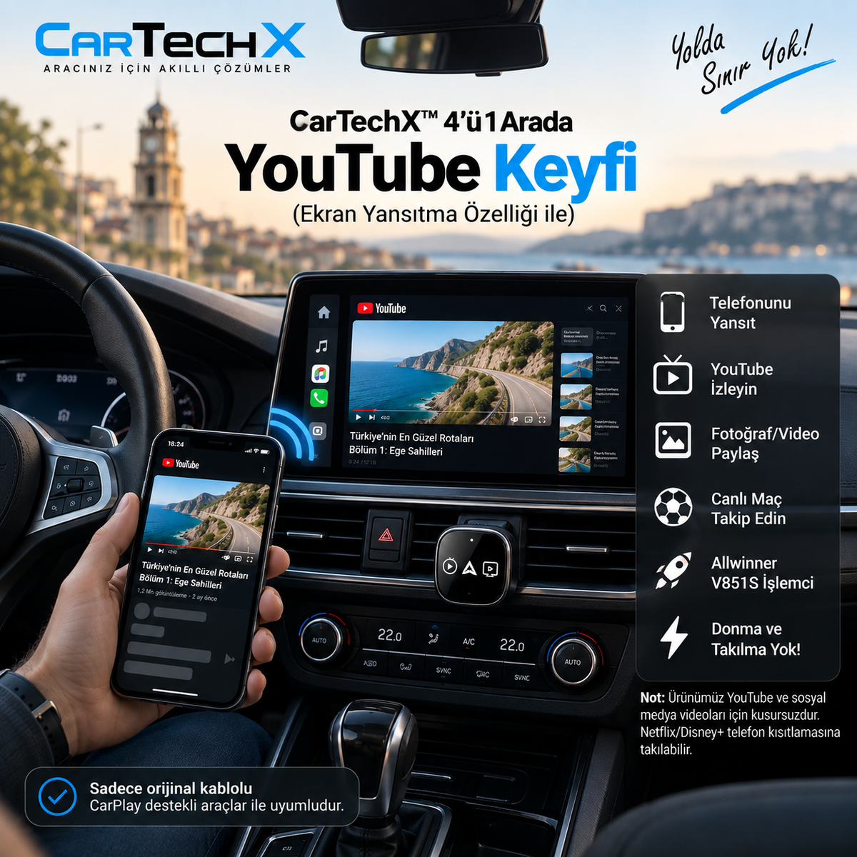 CarTechX™ 4’ü 1 Arada Ekran Yansıtmalı Kablosuz CarPlay&Android Auto Adaptörü