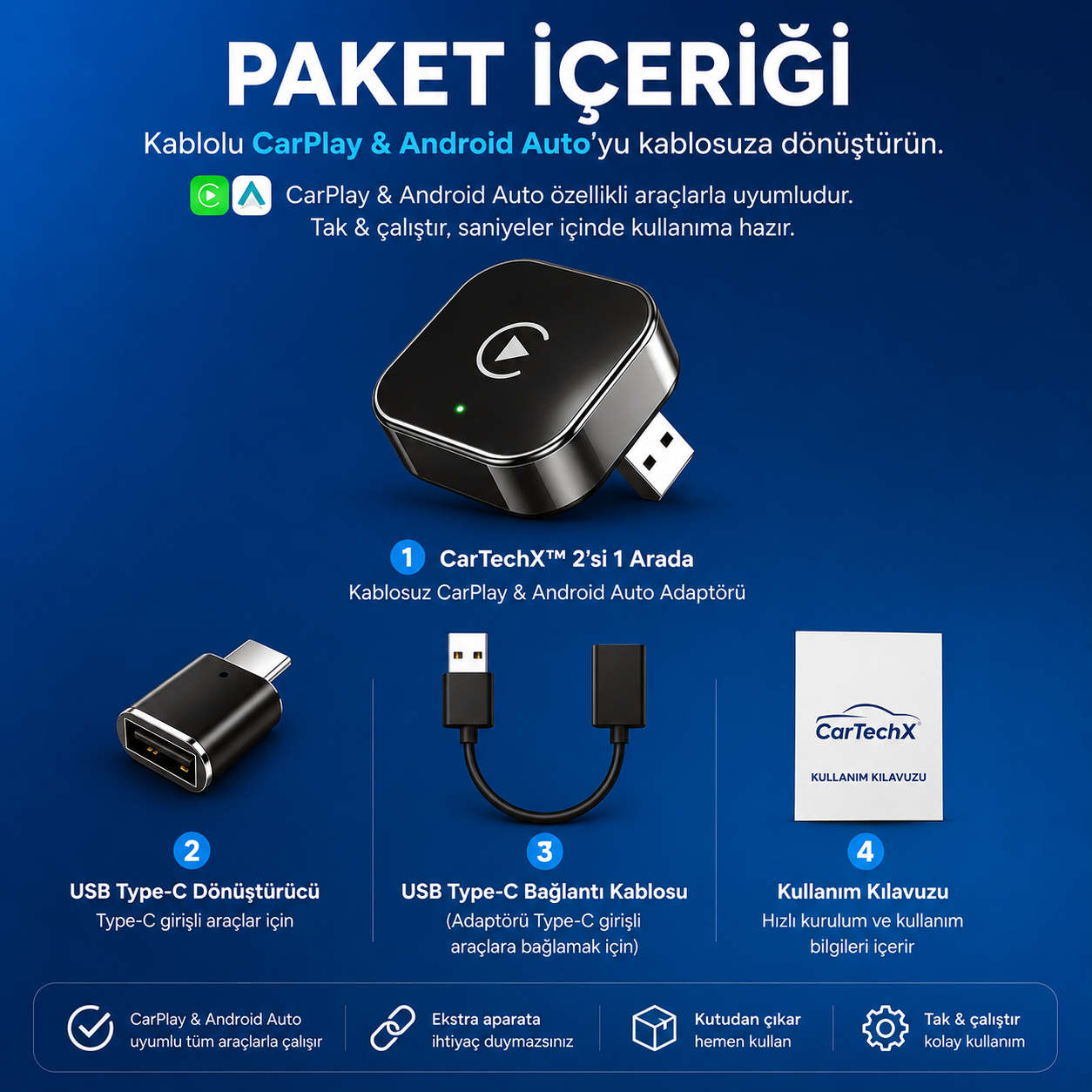CarTechX™ 2'si 1 Arada Kablosuz CarPlay&Android Auto Adaptörü (Kablolu CarPlay'i Kablosuza Dönüştürür)